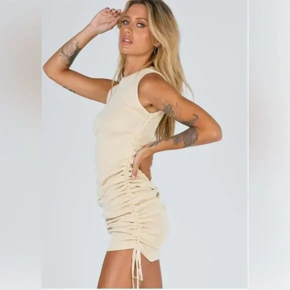 LIONESS Revolve Military Minds classic ruched side Mini Dress Beige S - Picture 7 of 8